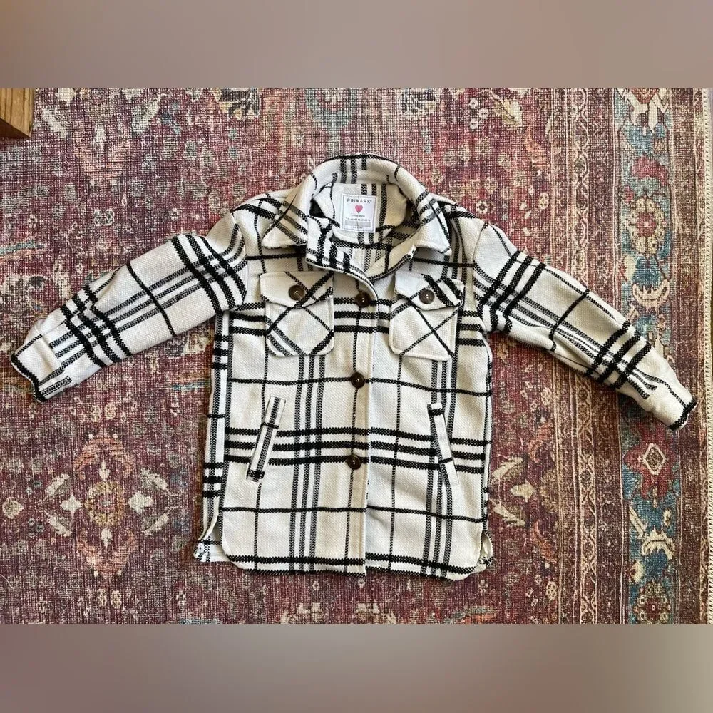 8-9 Primark Stylish Girls Plaid Button up Jacket - Black and White with pockets